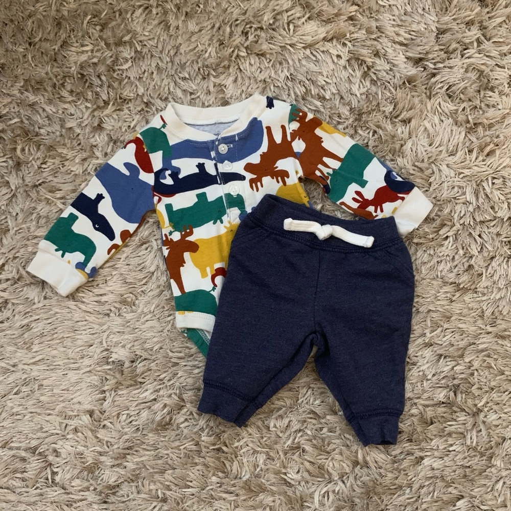 Baby Boy Newborn Button Long Sleeve Onesie & Pant Set